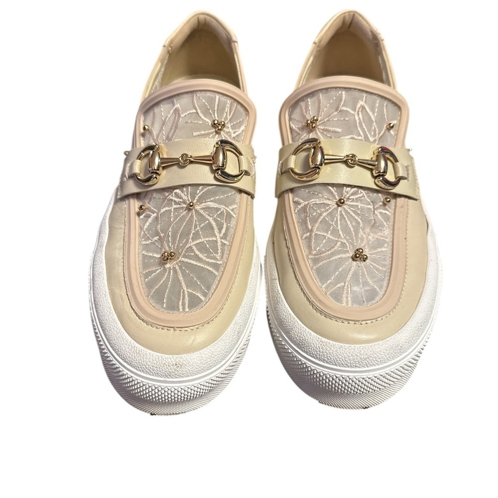 J Slides Cream and Gold Bit loafers for Effortless Style
